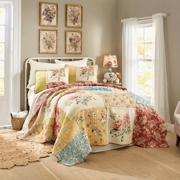 Lennon Floral Patchwork Oversized Quilt with Eyelet Accents and Coordinating Sham, , large