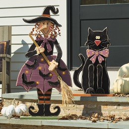 Chunky Wood Cutouts Lit Witch and Black Cat - Buy Both and Save, , large