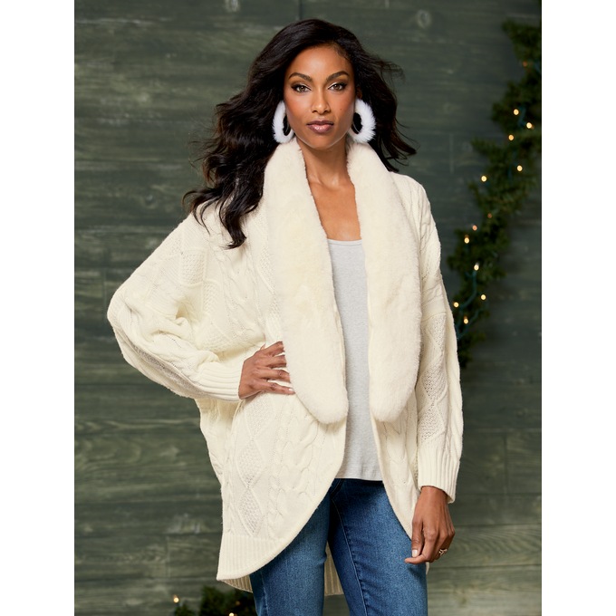 Diana Faux Fur-Trimmed Cardigan, , large
