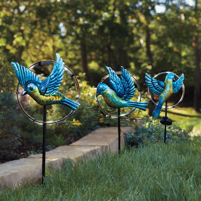 Set of 3 Solar Bluebird Ring Stakes, , large