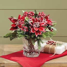 Frosted Poinsettia and Greenery in Glass Vase, , large