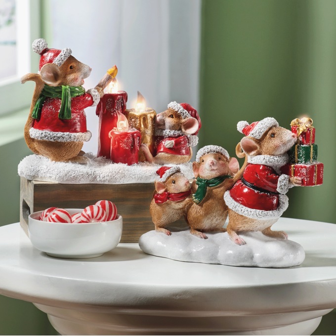 Set of 2 Lit Christmas Mice Figurines, Multi, large