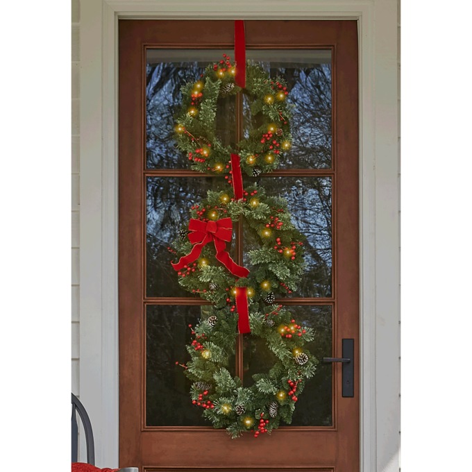 Lit Triple Evergreen Wreath, , large