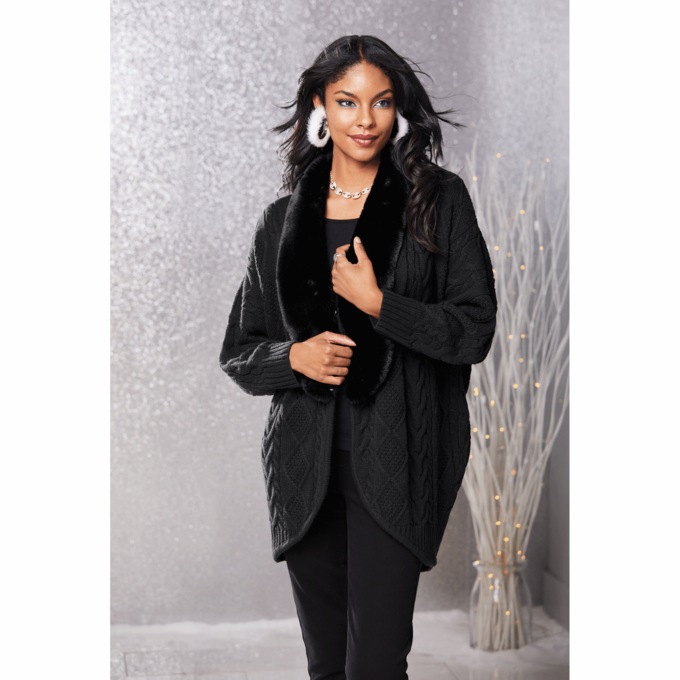 Diana Faux Fur-Trimmed Cardigan, Black, large