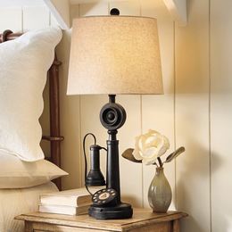 Vintage Candlestick Telephone Table Lamp with Fabric Shade, , large