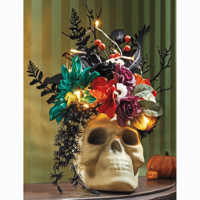 Lit Floral Arrangement in Skull, , large