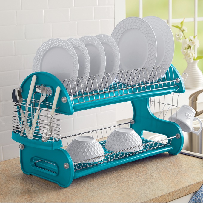 2 Tier Plastic Dish Drainer, Turquoise