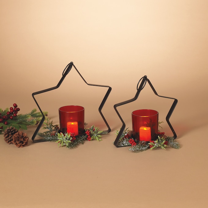 Set of 2 Hanging Star Candleholders with Berry Wreath, , large