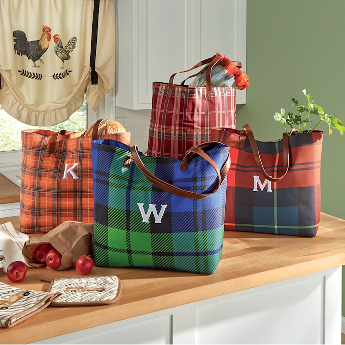 Personalized Harvest Plaid Tote, Blue Green, large