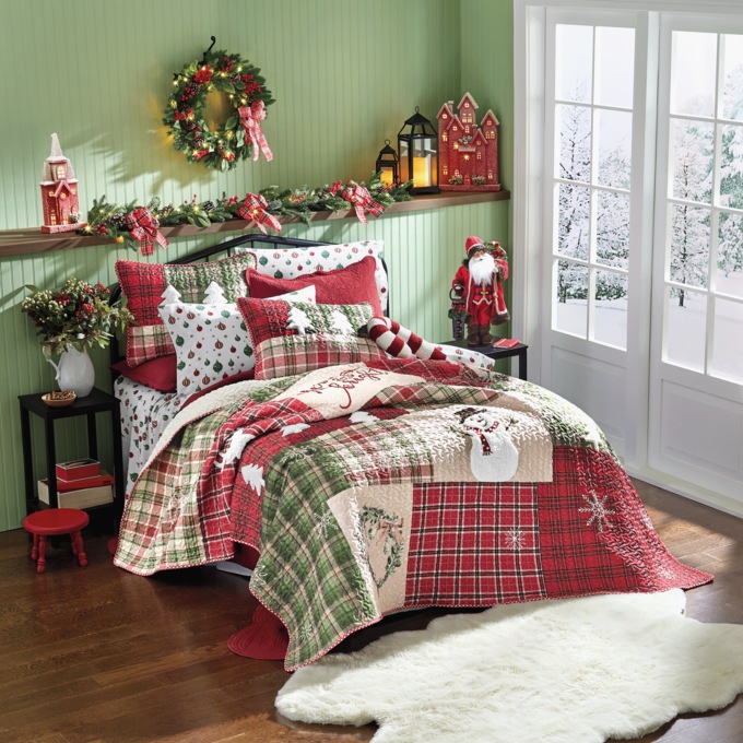 Christmas Holiday Patch Oversized Quilt with Sherpa Appliqu&eacute; and Coordinating Sham, , large