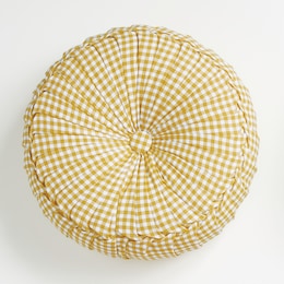 Round Pleated Gingham Button-Tufted Decorative Pillow, , large