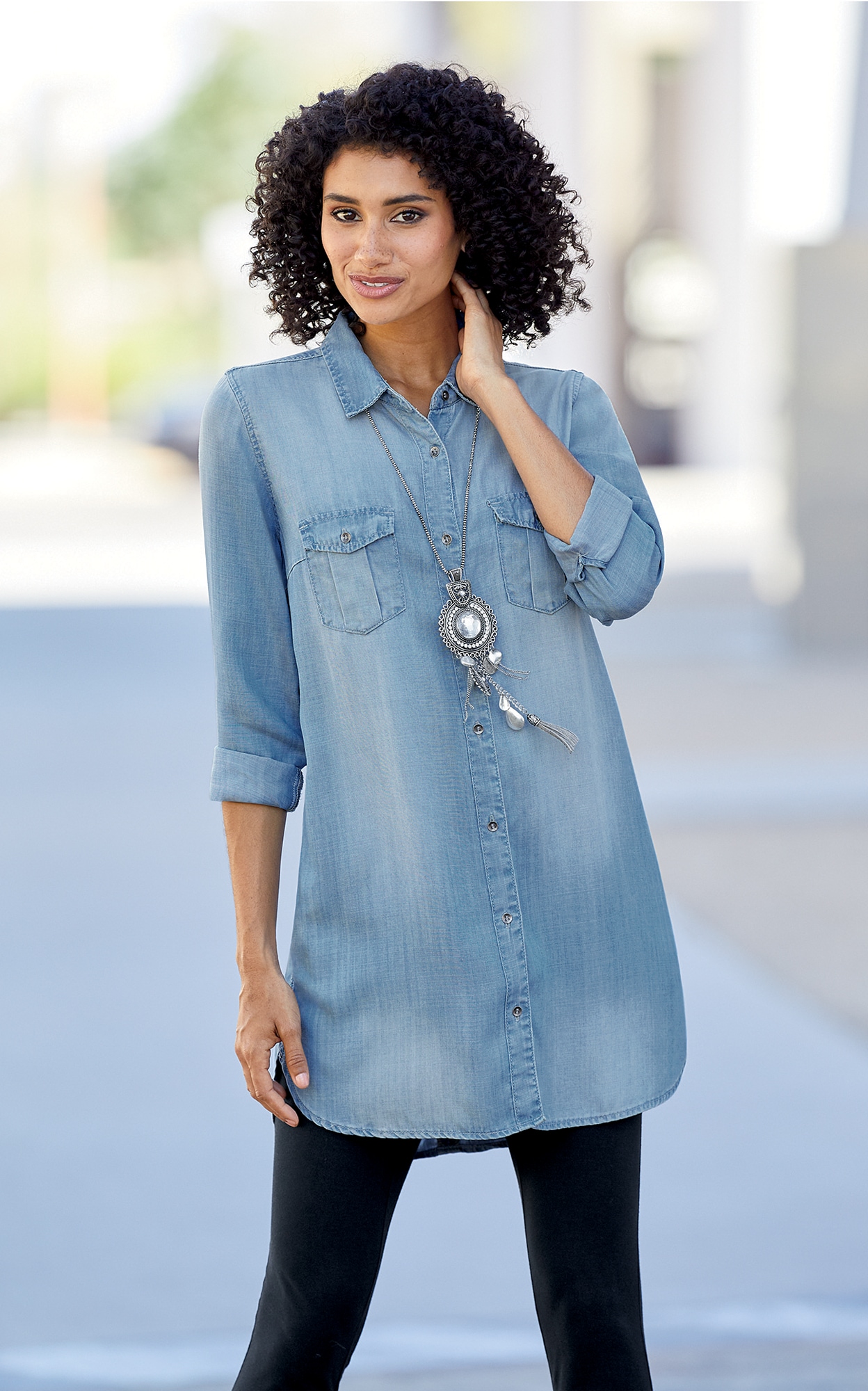 Long-Sleeved Denim Button-Up Tunic 