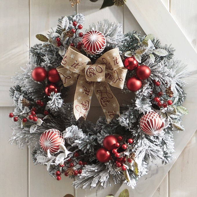 Red Ball and Berry Flocked Wreath, , large