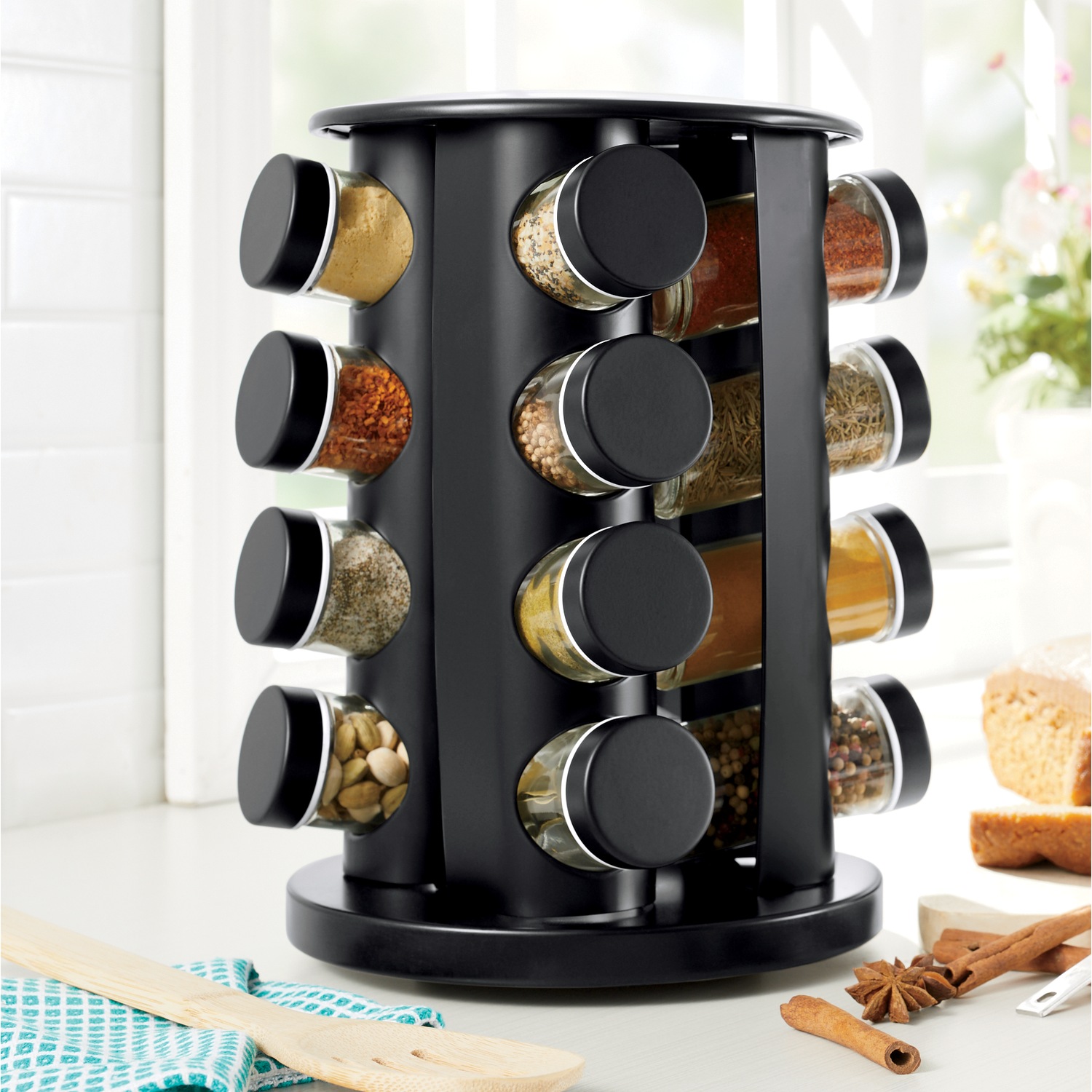 Rotating Spice Rack with Jars, Spinning Spice Rack Shelf, Revolving Spice  Rack for Kitchen (Black) 