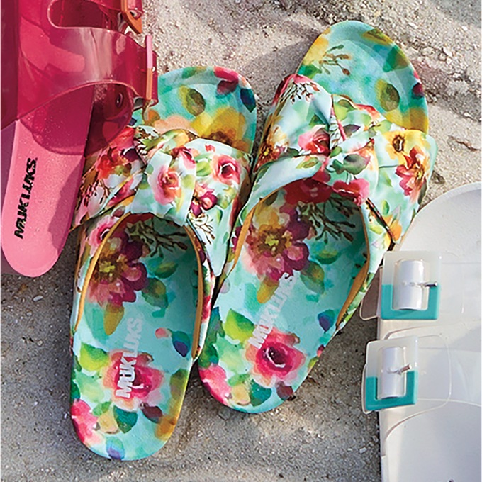 Muk Luks Luau Knotted Slide with Bow, Floral Pattern and Molded Footbed, , large