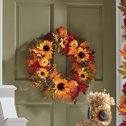 Lit Sunflower and Pumpkin Wreath, , large