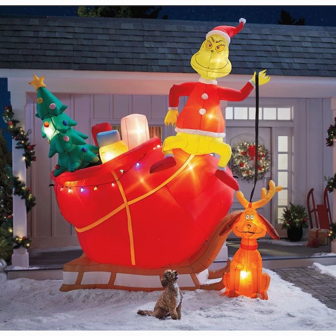 Oversized Grinch with Sleigh Lit Inflatable, , large