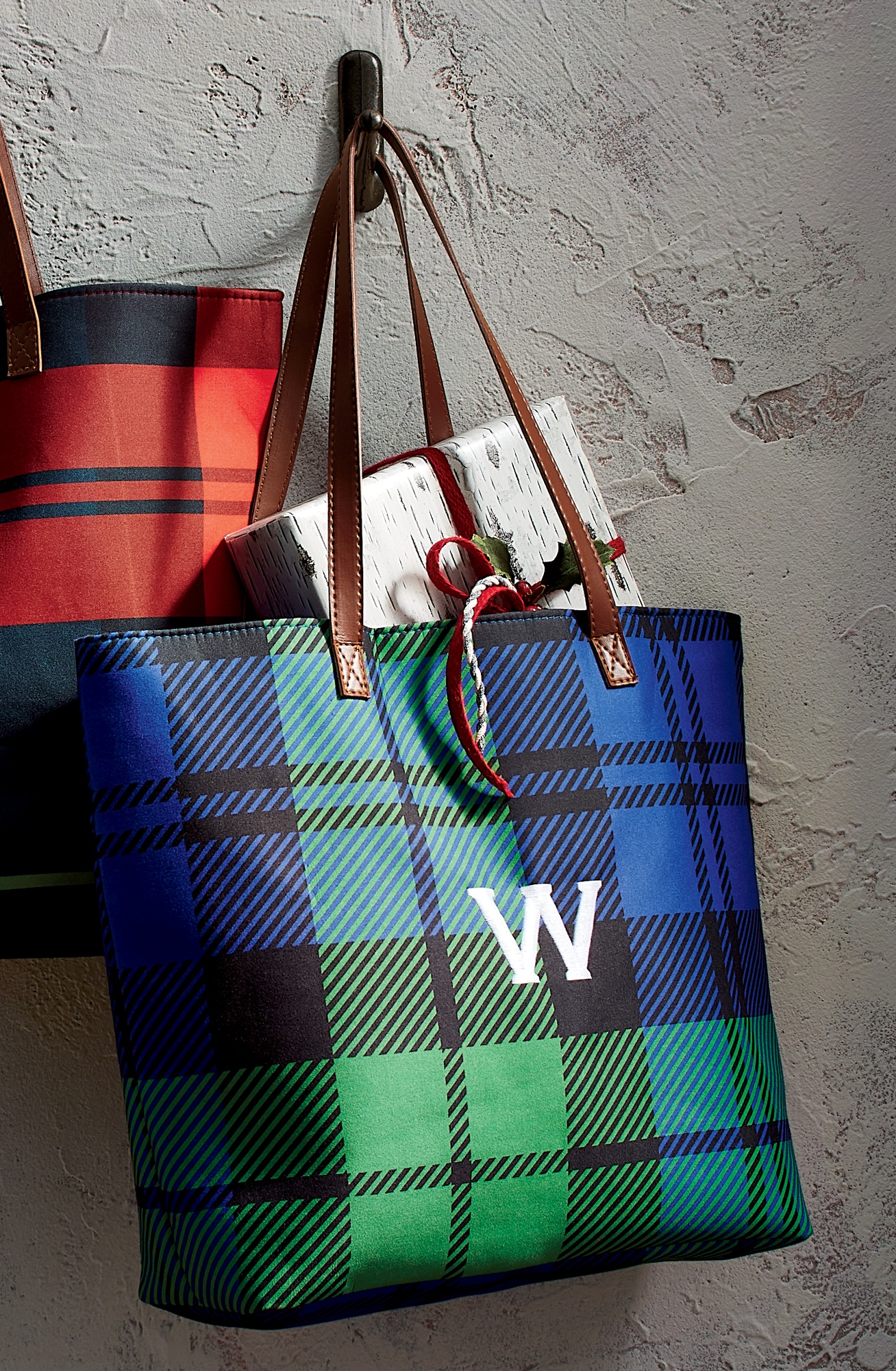 Personalized Harvest Plaid Tote, Blue Green, large