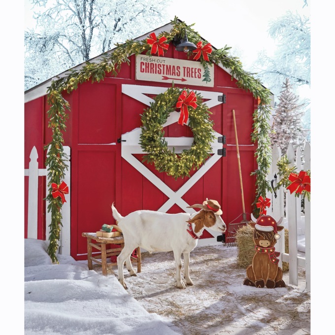 Lit Garland and Wreath with Red Bow, , large