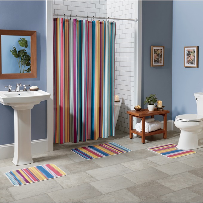 Color Connection Striped Shower Curtain and 3-Piece Bath Mat Set, , large