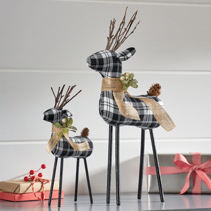 Set of 2 Black and White Plaid Reindeer, , large