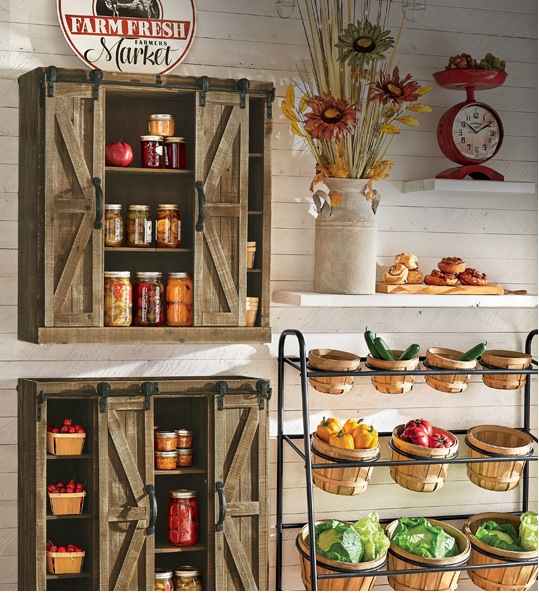 Trend Category: Farmhouse featuring 2 distressed antique-style Barn Door Cabinets, Wooden Basket Storage, Farm Fresh Wall Art, and Antique-Style Metal Scale Clock.