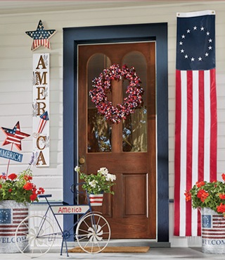 Country Door Home Rustic Decor Furniture Quilts Bedspreads Banner Patriotic Decorating Featuring Wood America Wall Sign Americana Bike Planter And Lighted Red