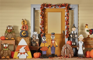 CHUNKY WOOD CUTOUTS OWLS, TURKEY, LIT BOO PUMPKINS, LIT CANDY CORN WITH GHOST, SKELETONS, LIT HALLOWEEN HOUSE AND PILGRIMS