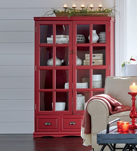 Trend Category: Red Tool-Free Saunders Cabinet with glass pane doors featuring Christmas decorations.
