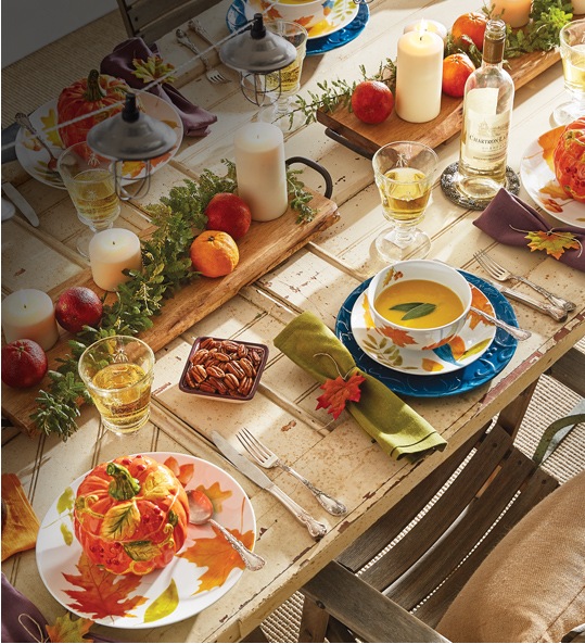 Trend Category: Harvest Tabletop featuring Scroll Pattern Dinnerware Set, Harvest Bird Dinnerware, Pumpkin Tureen, and Wood Serving Tray.